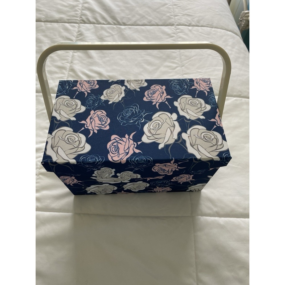 Floral Fabric Sewing Basket Organizer Box - Pink & Blue Roses Craft Storage Case
